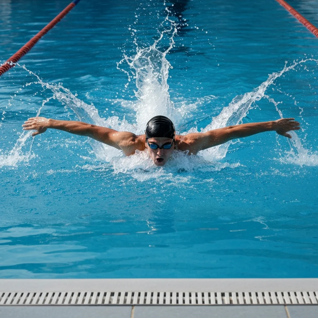 Swimmer doing butterfly stroke with both arms out of water