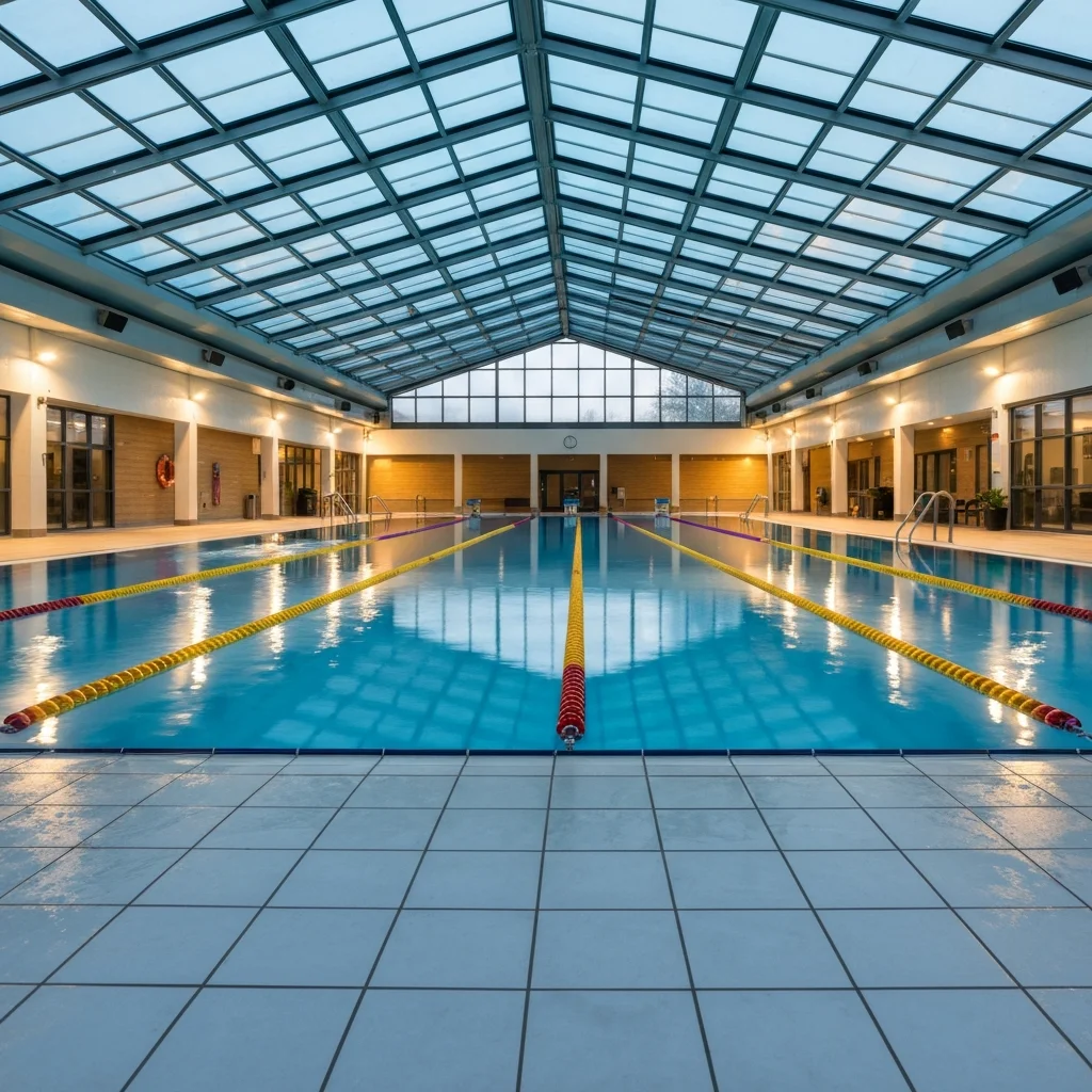 Public swimming pool with lane ropes and clear blue water at an ActiveSG complex in Singapore